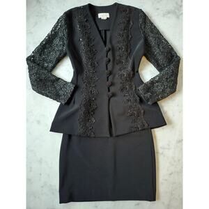 VTG Cache Black Lace Dressy 2 Piece Sheer Sleeve Pencil Skirt Set Made in USA